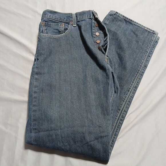 Levis 501xx Jeans Mens 38x34 Fits 38x32 Straight Button Fly Dark Wash Biker Moto - Picture 2 of 13